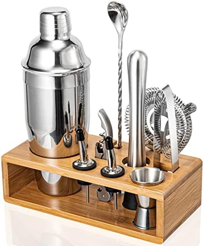 Cocktail Shaker Set, 18/8 Food-Grade Stainless Steel Mixology Bartender Kit 10-Piece Bar Tools with Stylish Bamboo Stand - Rust-Proof & Dishwasher Safe - Professional Martini Shaker Gift for Men, Dad by Semderm