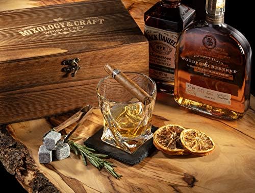 Mixology Whiskey Stones Gift Set for Men - Pack of 2, 10 oz Whiskey Glasses w/ 8 Granite Chilling Rocks, 2 Coasters, Metal Tong & Cocktail Cards in Wooden Box - Twist - Image 5
