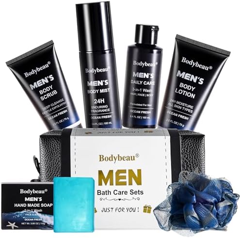Gift for Men, 7-Piece Bath and Body Spa Gift Set, Men's Skin Care Includes 3-in-1 Face Wash, Handmade Soap, Body Mist, Lotion, Shower Sponge & Travel Bag-Gifts for Dad, Husband, Boyfriend and Friends by Le+Vital