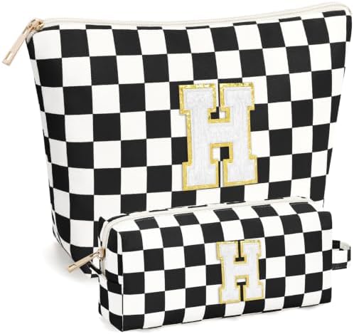 mibasies 2 PCS Initial Makeup Bags for Women: Cosmetic Bag for Travel Toiletry - Birthday Gifts for Teen Girl Gifts Trendy Stuff - Graduation Teacher Gift for Girlfriend -Checkered Black H by mibasies