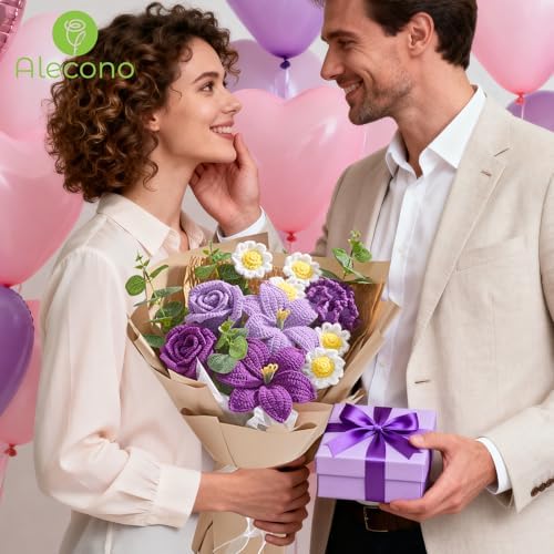 Alecono Large Purple Crochet Flower Bouquet Knitted Lily Floral Set - Image 2