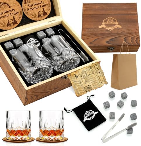 Whiskey Stones Gift for Men, Whiskey Glasses Set of 2 with Premium Wood Box by Exreizst