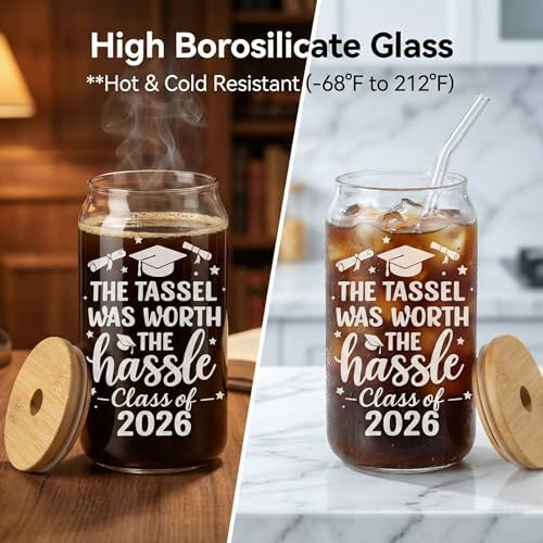 Class of 2026 Graduation Glass Cup with Lid & Straw – “The Tassel was Worth The Hassle” Iced Coffee Glass, 16oz Frosted Can-Shaped Cup, Senior Graduation Gift for Him Her, Graduate Party Drinkware - Image 4