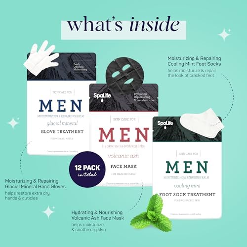 SpaLife Men's Cooling Mint Hand Moisturizing Gloves, Booties, and Face Masks | Revitalizing & Hydrating Hand Mask for Softening Dry, Cracked Skin | One Size Fits Most | 12 Pack - Image 2