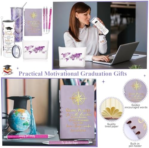 Domensi 6 Pcs Class of 2026 Graduation Gifts for Her Women Purple 20 oz Tumbler Makeup Bag Journal Ballpoint Pen Inspirational Graduation Gifts Set for College High School Daughter Sister Friend - Image 6