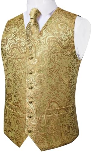 DiBanGu Mens Vest and Tie Set Formal Paisley Waistcoat and Necktie Pocket Square Cufflinks Silk Suit Vest for Tuxedo Wedding - Image 5