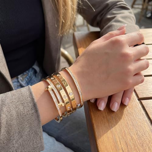 Camhanno Gold Bangle Bracelets for Women, 18K Gold Plated Stainless Steel Stackable Bangles, Non-Tarnish Trendy Jewelry, Ideal Gift for Birthday Anniversary - Image 3