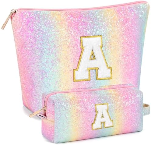 mibasies 2 PCS Initial Makeup Bags for Women: Cosmetic Bag for Travel Toiletry - Birthday Gifts for Teen Girl Gifts Trendy Stuff - Graduation Teacher Gift for Girlfriend -Glitter Rainbow A by mibasies