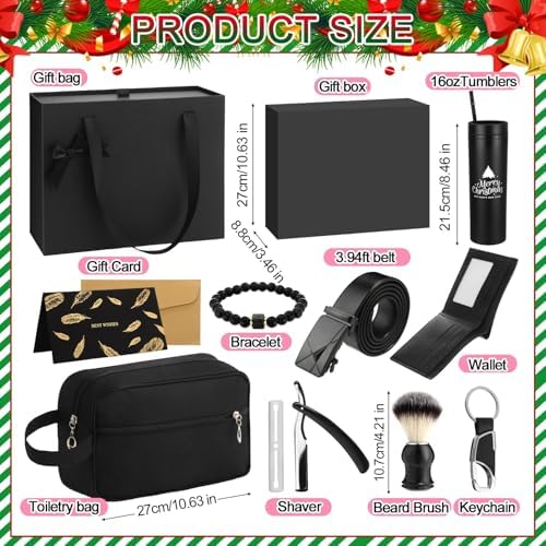 Tioncy 12 Pcs Christmas Men Gift Set Birthday Gifts Baskets with Box Tumbler Bottle Opener Keychain PU Leather Wallet Tie Belt Bag Bracelet Eye Mask Xmas Party Present Box for Dad(Appealing Pattern) - Image 3