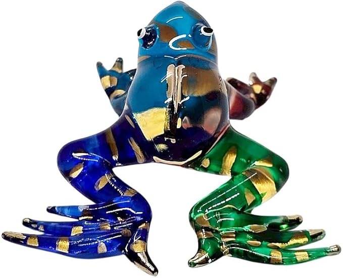 WitnyStore 2¼" Blue Green Gold Red Frog Artistic Blown Glass Figurine Premium Hand-Blown Statue Tabletop Decoration Unique Collectible for Adult Collectors Handcrafted Elegant Home Room Decor