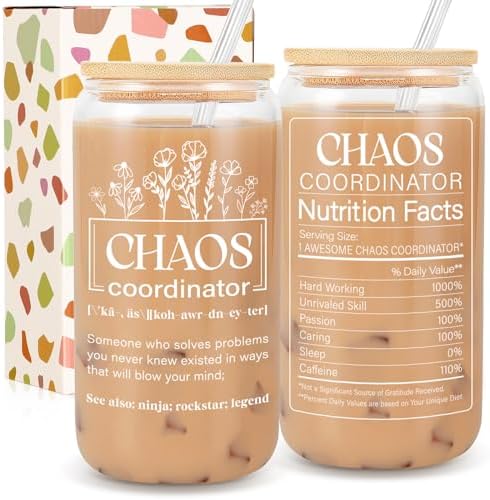 Frerdui Chaos Coordinator Gifts for Women, Boss Lady Thank You Gift, Coworker Birthday Present, Chaos Coordinator Glass Cup, Manager Office Teacher Nurse Appreciation, 18 oz by Frerdui