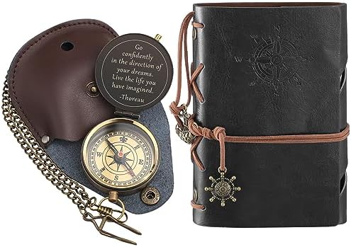 Kanayu 2 Pcs Compass Graduation Gift Compass with Stamped Leather Case and Leather Journal Notebook High School College Graduation Gifts for Him by Kanayu