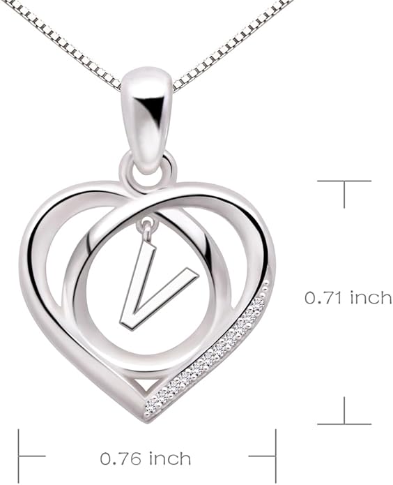ALOV Jewelry Sterling Silver Initial Letter Alphabet Love Heart Cubic Zirconia Pendant Necklace