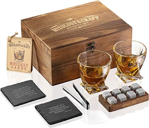 Mixology Whiskey Stones Gift Set for Men - Pack of 2, 10 oz Whiskey Glasses w/ 8 Granite Chilling Rocks, 2 Coasters, Metal Tong & Cocktail Cards in Wooden Box - Twist by MixologyCraft
