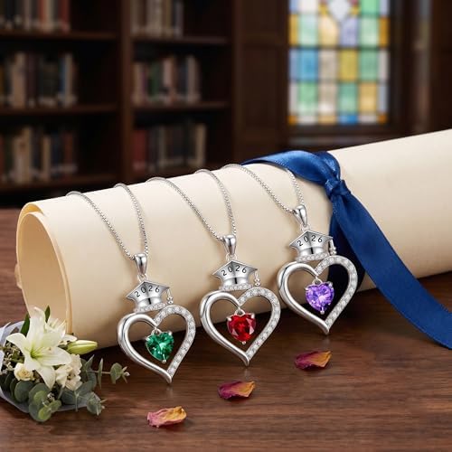 2026 Graduation Gifts for Her - S925 Sterling Silver Heart Graduation Cap Birthstone Necklaces, Class of 2026 High School College Graduation Gifts for Her - Image 5