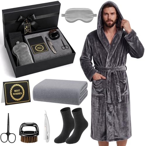 9 Pcs Birthday Gifts for Men Beard Care Set for Him Father's Gifts Basket Kit Get Well Soon Gift Basket with Hooded Robe, Long Towel, Socks for Dad Grandpa Husband Boyfriend(Dark Grey) by Bunnycool
