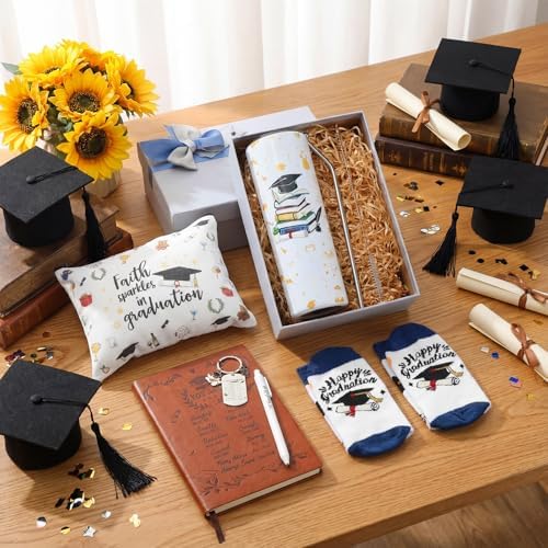 Patelai 6 Pcs 2026 Christian Graduation Gifts Set Congrats Grad Gift Basket for College High School Bible Verse Graduation Gift with Tumbler Keychain Makeup Bag Notebook Pen Sock for Graduates Her Him - Image 3