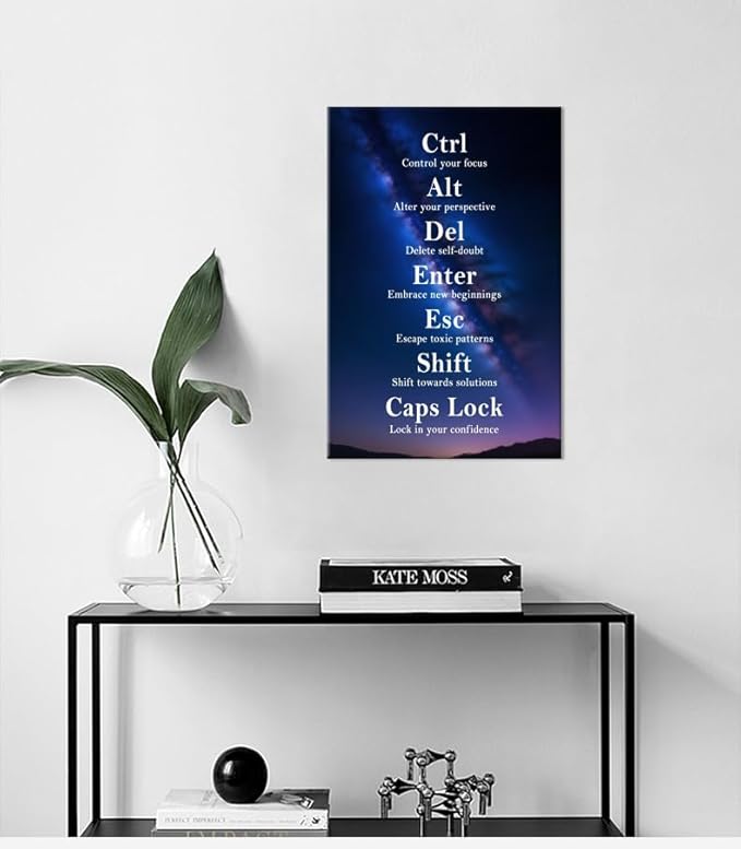 Ctrl Alt Del Signs Inspirational Canvas Wall Art Confidence Quote Motivational Poster Keyboard Inspiring Painting Prints Wall Pictures for Living Room Office Home Decor Framed Artwork [12''W x 18''H]