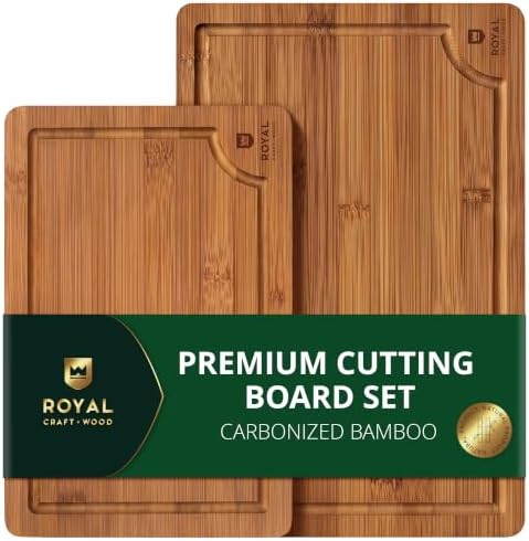 ROYAL CRAFT WOOD Wooden Cutting Boards for Kitchen Meal Prep & Serving - Bamboo Non Toxic Cutting Board Set with Deep Juice Groove Side Handles - Charcuterie & Chopping Butcher Block for Meat (2 Pcs) by ROYALCRAFTWOOD