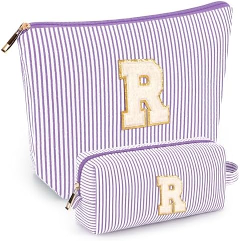 2 PCS Initial Makeup Bags for Women: Cosmetic Bag for Travel Toiletry - Birthday Gifts for 11 12 13 14 15 16 17 18 Years Old Girl Graduation Teacher Gift- Teen Girl Gifts Trendy Stuff - Purple R by mibasies