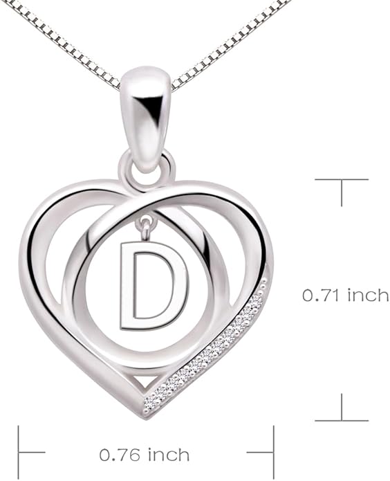 ALOV Jewelry Sterling Silver Initial Letter Alphabet Love Heart Cubic Zirconia Pendant Necklace
