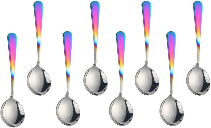 Buyer Star 8 Pieces Stainless Steel Round Soup Spoon, 6.3 Inch Mirror Polished Spoon Cutlery, Dishwasher Safe (Gradual Rainbow)