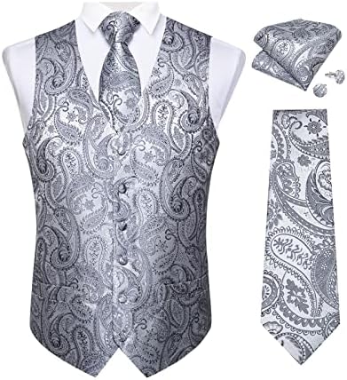 DiBanGu Mens Vest and Tie Set Formal Paisley Waistcoat and Necktie Pocket Square Cufflinks Silk Suit Vest for Tuxedo Wedding by DiBanGu