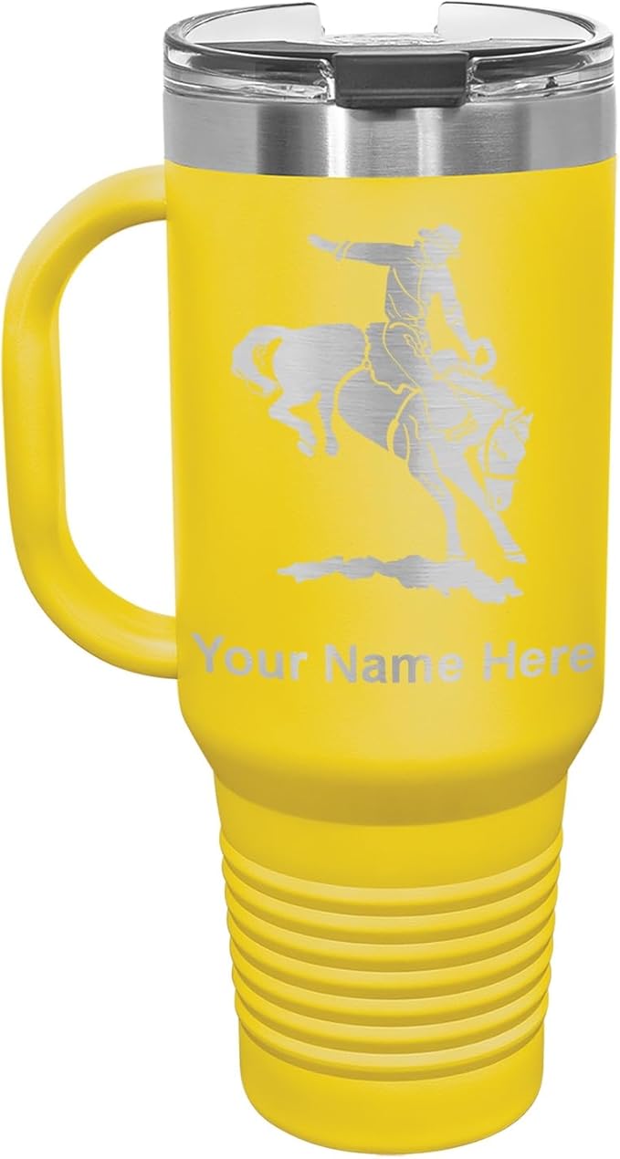 LaserGram 40oz Vacuum Insulated Travel Mug with Handle, Bronco Rider, Personalized Engraving Included (Yellow)