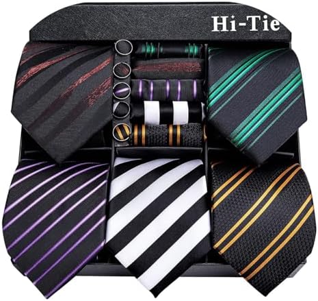 Hi-Tie Lot 5 Pcs Gift Box Mens Tie Set Necktie with Pocket Square Cufflinks Silk Neck Tie Collection by Hi-Tie