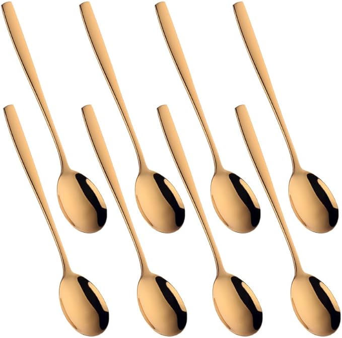 Metal Round Spoons, 8 inch Stainless Steel Reusable Long Handle Korean Soup Spoons, Table Dinner Desert Spoon Set of 8 (Gold)