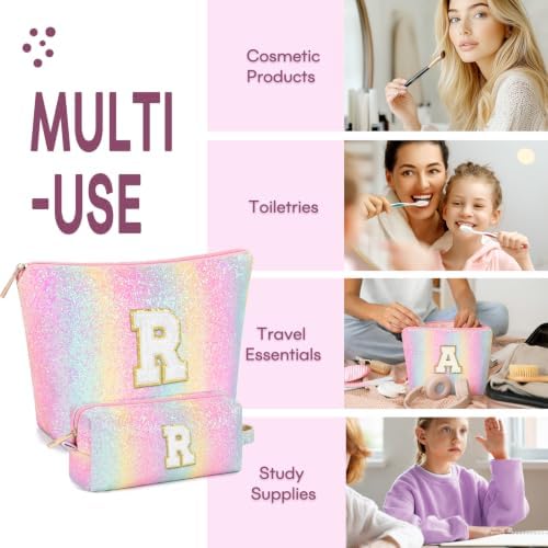 mibasies 2 PCS Initial Makeup Bags for Women: Cosmetic Bag for Travel Toiletry - Birthday Gifts for Teen Girl Gifts Trendy Stuff - Graduation Teacher Gift for Girlfriend -Glitter Rainbow R - Image 4
