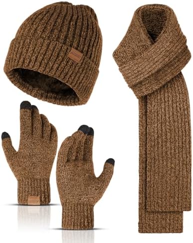 Winter Beanie Hats Long Neck Scarf for Men and Touchscreen Gloves 3PCS Set by HONNESSERRY