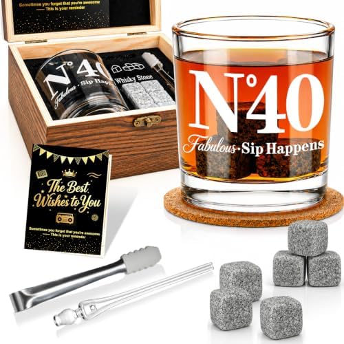 40th Birthday Gifts for Men, Vintage Whiskey Glass Set with Granite Stones by Exreizst