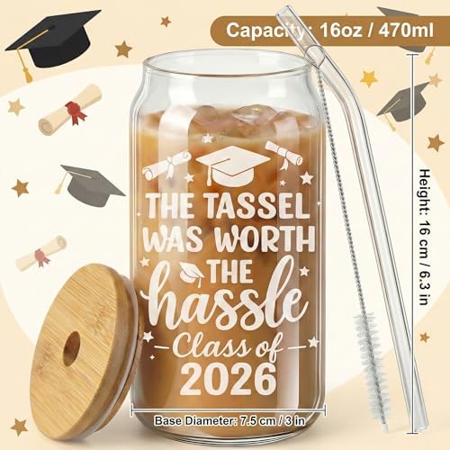 Class of 2026 Graduation Glass Cup with Lid & Straw – “The Tassel was Worth The Hassle” Iced Coffee Glass, 16oz Frosted Can-Shaped Cup, Senior Graduation Gift for Him Her, Graduate Party Drinkware - Image 2