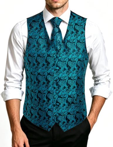 DiBanGu Mens Vest and Tie Set Formal Paisley Waistcoat and Necktie Pocket Square Cufflinks Silk Suit Vest for Tuxedo Wedding - Image 3