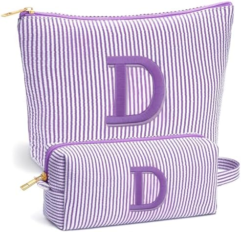 Travel Essentials - Portable Travel Makeup Bag Set for Women, Custom Portable Initial Travel Toiletry Bag, Makeup Pouch Organizer Cosmetic Bag Birthday Gifts for Women, Purple Letter D by Fohufo