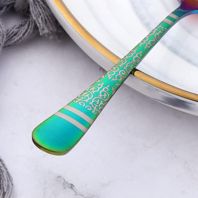 Rainbow Unique Pattern Design Coffee Espresso Spoons Mini, Mingcheng Stainless Steel Small Teaspoons Silverware Set of 12, BISDARUN 5.5 Inches Food Spoons for Demitasse Dessert Tea
