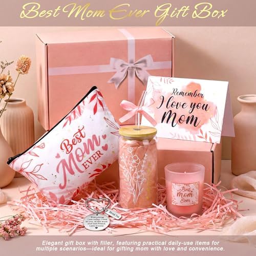 Bokon 6 Pcs Birthday Gifts for Mom Best Mom Ever Gifts Box Set with 16oz Glass Cup Scented Candle Makeup Bag from Daughter Son for Wife Mother Day Party(Pink) - Image 2