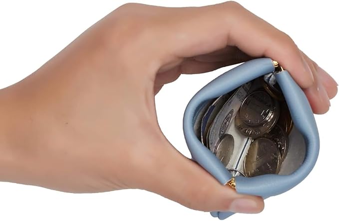 Squeeze Coin Purse Genuine Leather Wallet Compact Change Holder Travel Pouch for Women Gift Box (Blue)