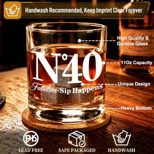 40th Birthday Gifts for Men, Vintage Whiskey Glass Set with Granite Stones - Image 6