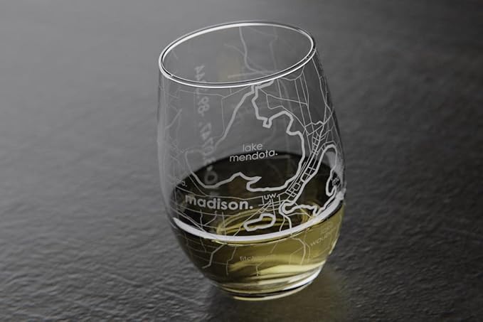 Well Told Engraved Madison Wisconsin Map Stemless Wine Glass, Etched Glass (15 oz, Clear) City Custom Gifts for Lovers
