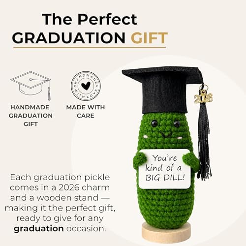 Graduation Gifts 2026 for Her & Him, Funny Handmade Crochet Graduation Pickle with Cap, 2026 Charm & Wooden Stand, Cute Class of 2026 Senior Gift for High School College Grad, Big Dill Congrats Gift - Image 3