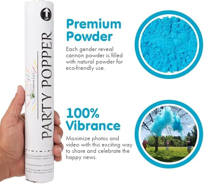 Clover Products Gender Reveal Confetti Poppers – Biodegradable Powder cannon - Blue, 4 Pack - Baby Boy Smoke Bombs - Powder Cannon Party Poppers Blue Party Supplies- Includes FREE “It’s a Boy” Balloon