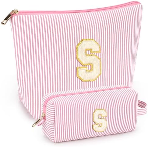 2 PCS Initial Makeup Bags for Women: Cosmetic Bag for Travel Toiletry - Birthday Gifts for 11 12 13 14 15 16 17 18 Years Old Girl Graduation Teacher Gift- Teen Girl Gifts Trendy Stuff - Light Pink S by mibasies