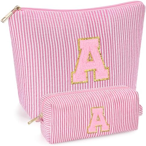 mibasies 2 PCS Initial Makeup Bags for Women: - Birthday Gifts for Teen Girls 11 12 13 14 15 16 Years Old - Preppy Trendy Stuff - Cosmetic Bag for Travel Toiletry - Pink A by mibasies