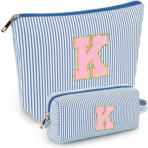 mibasies 2 PCS Initial Makeup Bags for Women: - Birthday Gifts for Teen Girls 11 12 13 14 15 16 Years Old - Preppy Trendy Stuff - Cosmetic Bag for Travel Toiletry - Blue K by mibasies