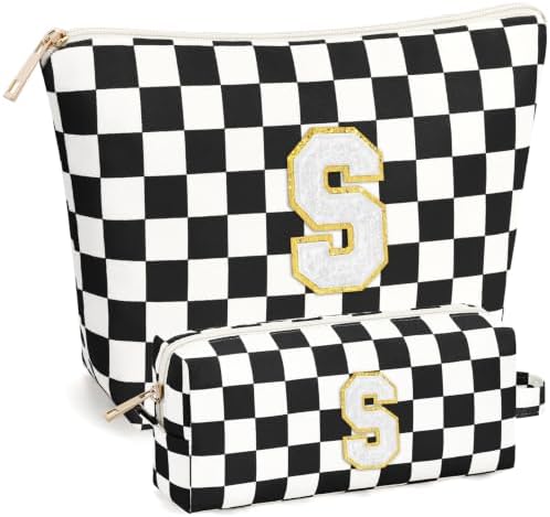 mibasies 2 PCS Initial Makeup Bags for Women: Cosmetic Bag for Travel Toiletry - Birthday Gifts for Teen Girl Gifts Trendy Stuff - Graduation Teacher Gift for Girlfriend -Checkered Black S by mibasies