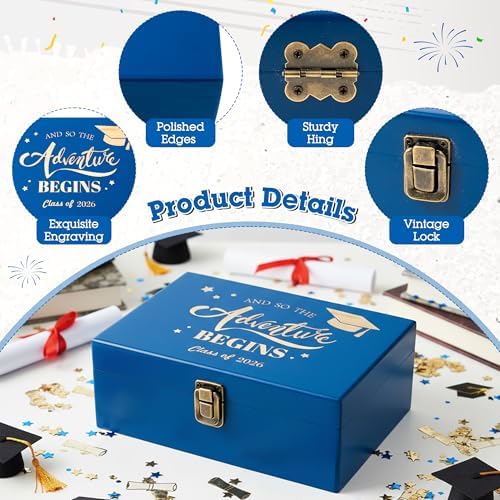 R HORSE Graduation Keepsake Wood Box, Blue Engraving Wooden Memory Box for High School Graduates, Engraved Class of 2026 Graduation Gift for Him Her Party Favor & Memory Storage - Image 3