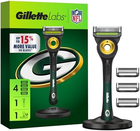 Gillette Labs Special NFL Packers Edition Shaving Razor for Men - 1 Handle, 4 Razor Blade Refills & Magnetic Stand, GilletteLabs with Exfoliating Bar by Gillette