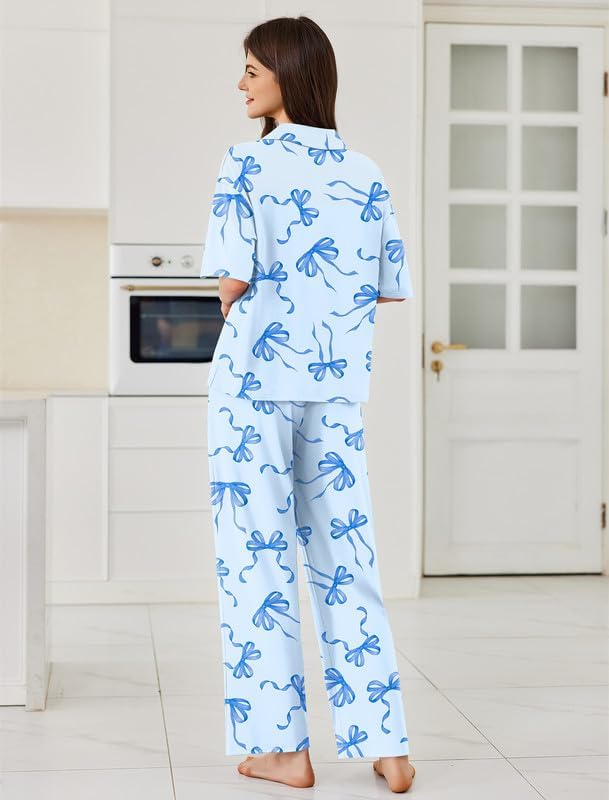 Ekouaer Women Pajamas Set Button Down Sleepwear Short Sleeve Pjs Long Pants - Image 2